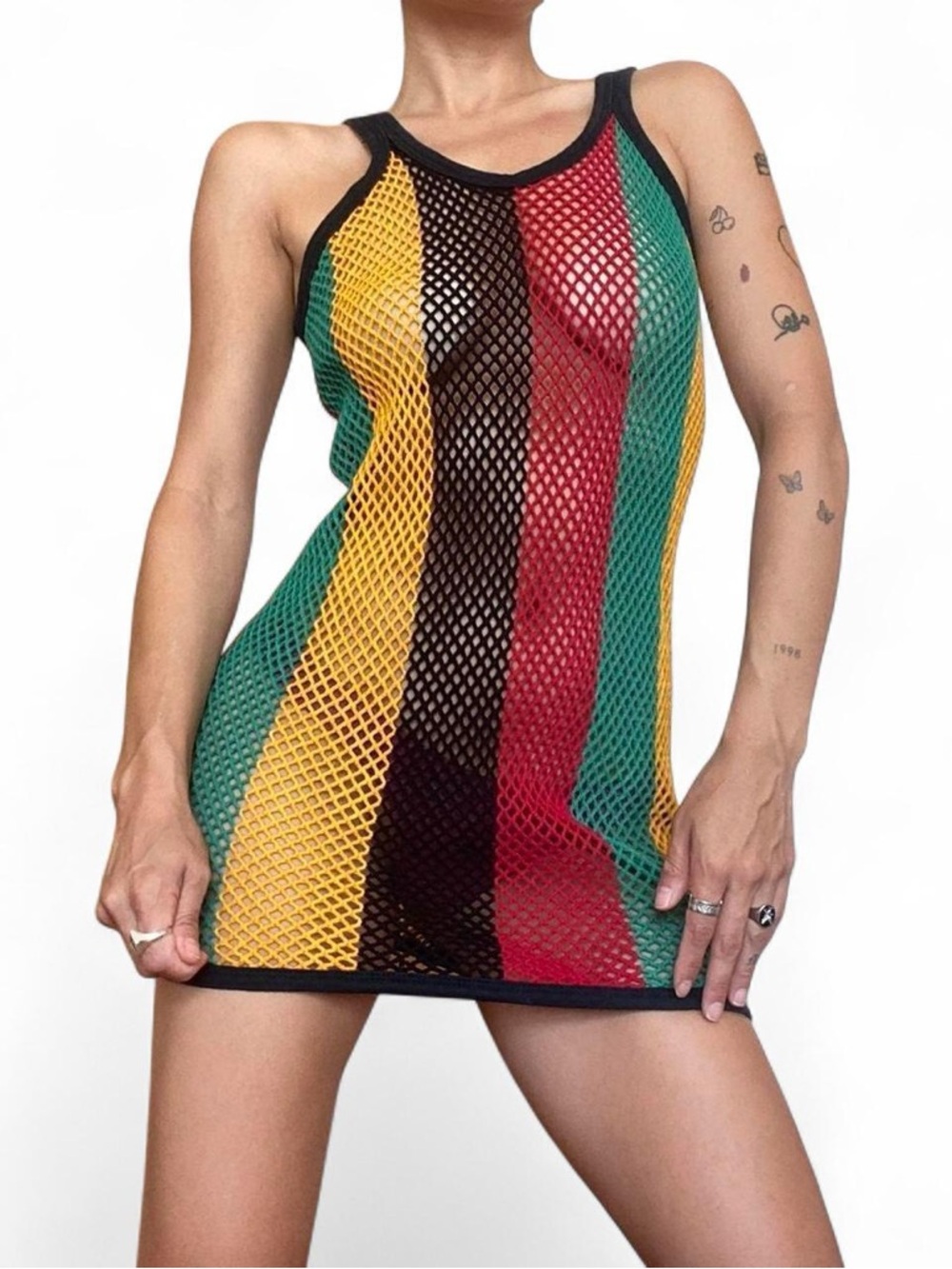 Vintage Fishnet Mesh Mini Dress in Green, Yellow & Red - Jamaican Rasta